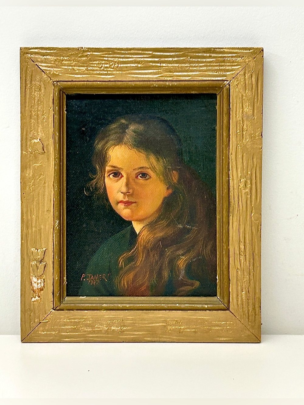 c. 1937 Vintage Paul Janert Artist Signed Framed Oil Painting of Young Girl
